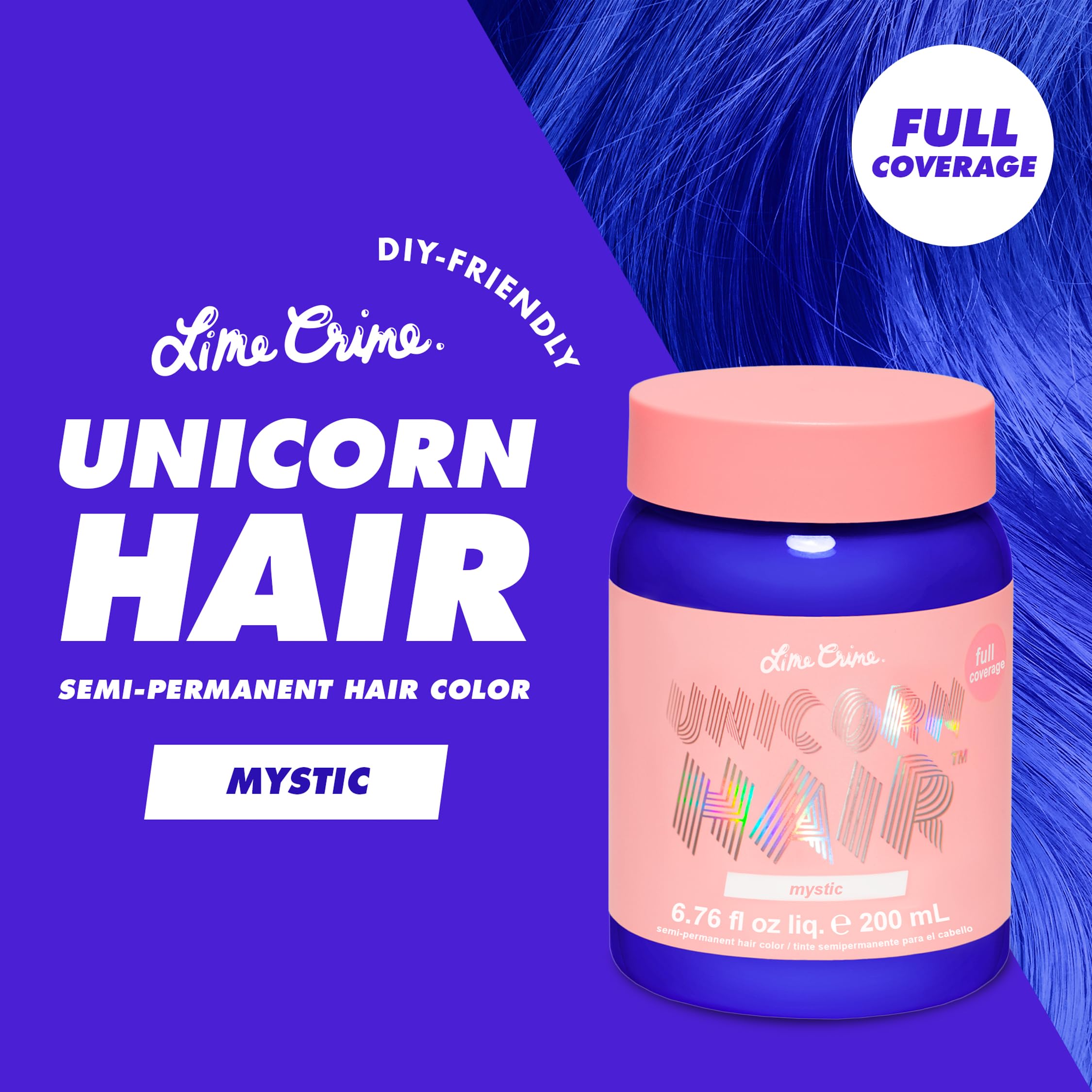 Lime Crime Unicorn Hair Dye Mystic Electric Blue swatches highlight the shade for platinum to light blonde hair