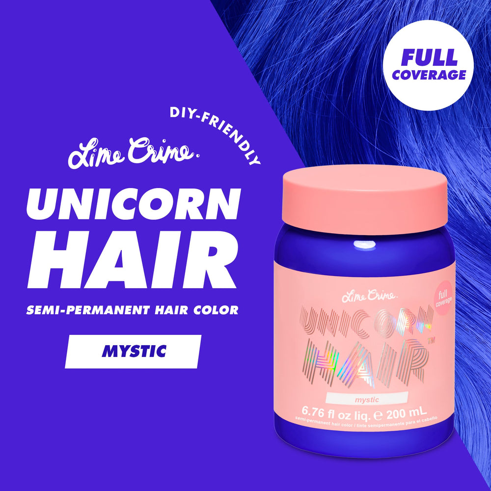 Lime Crime Unicorn Hair Dye Mystic Electric Blue swatches highlight the shade for platinum to light blonde hair