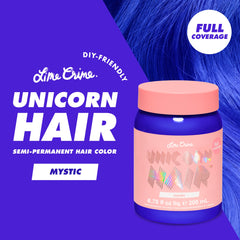 Lime Crime Unicorn Hair Dye Mystic Electric Blue swatches highlight the shade for platinum to light blonde hair