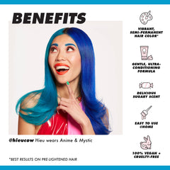 Lime Crime Unicorn Hair Dye Anime Candy Blue applied to hair