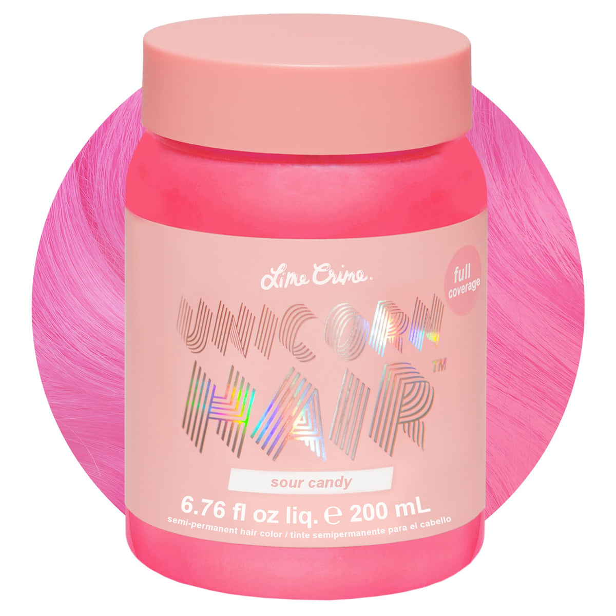 Lime Crime Unicorn Hair Sour Candy bottle close-up for vibrant pink color.