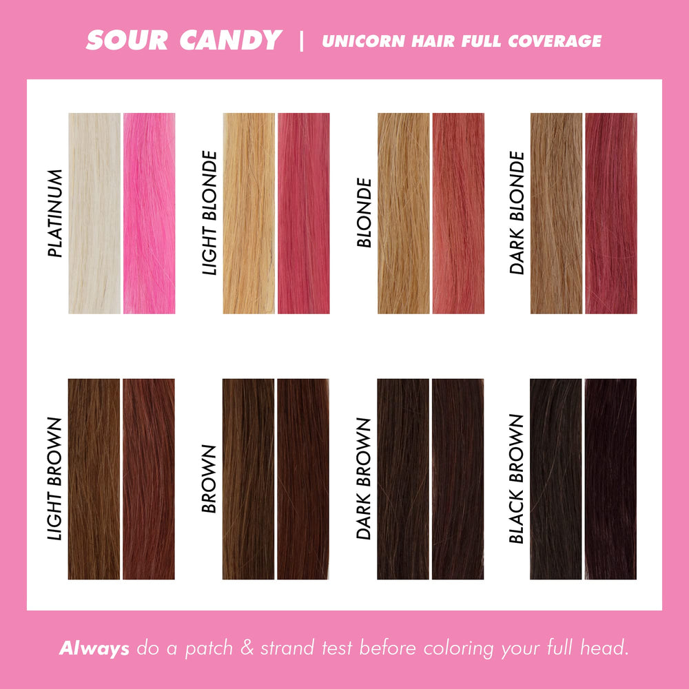Lime Crime Unicorn Hair Sour Candy on dyed hair shows tinting effect.