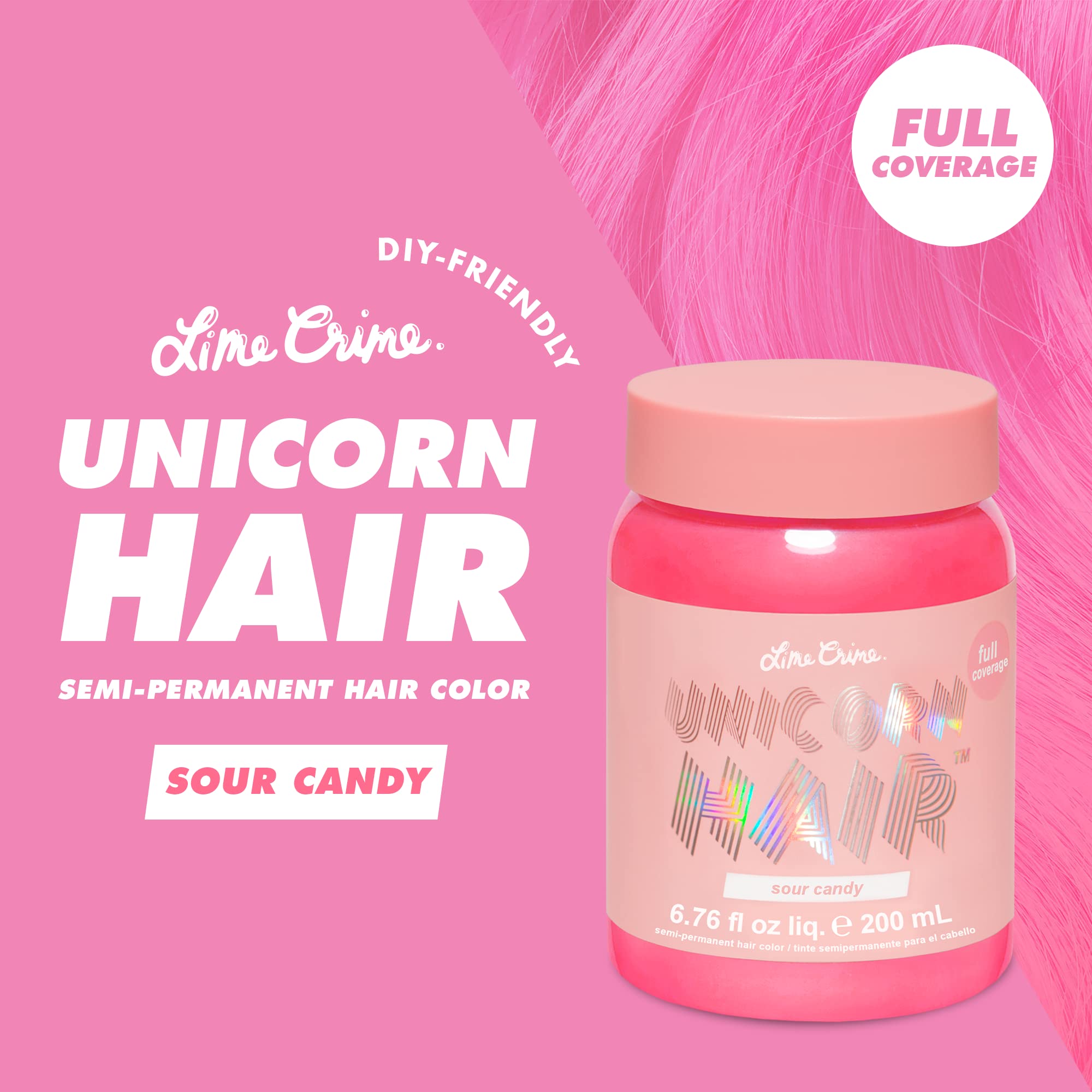 Lime Crime Unicorn Hair Sour Candy packaging showcases vegan cruelty-free formula.