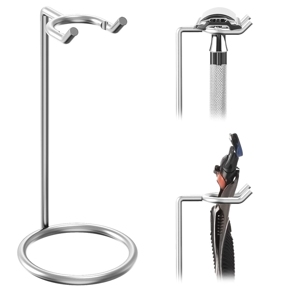 Linkidea razor stand chrome finish on a bathroom counter for organized drying