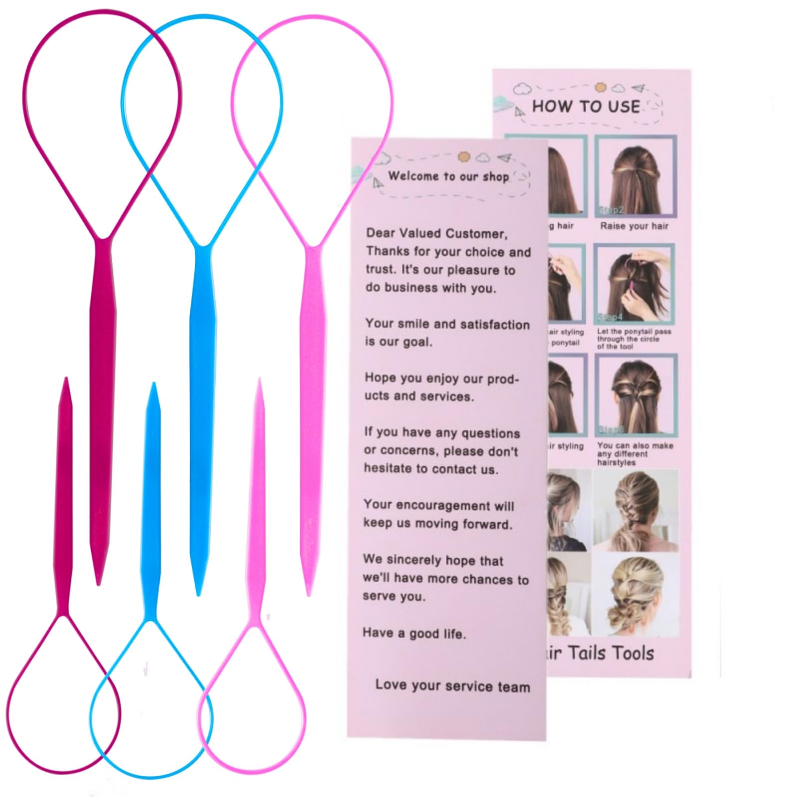 Linmxiy ponytail pull-through 6pc set enables effortless, secure ponytails.