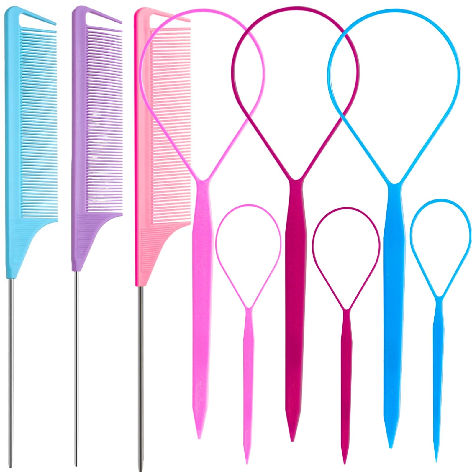 Linmxiy topsy-tail tools in pink, purple, blue for fast, family-friendly updos.