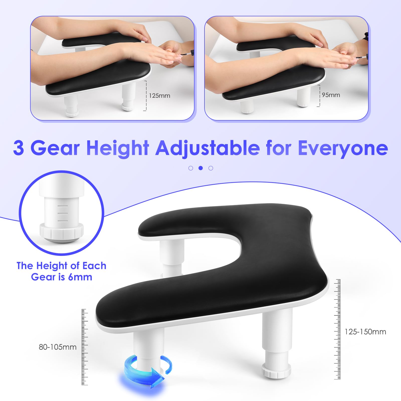 Lionvision adjustable height front bracket for customizable comfort during manicures.