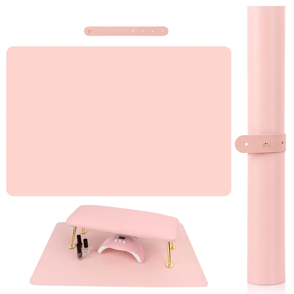 LIONVISION pink nail art table mat on a manicure table for a clean professional setup.