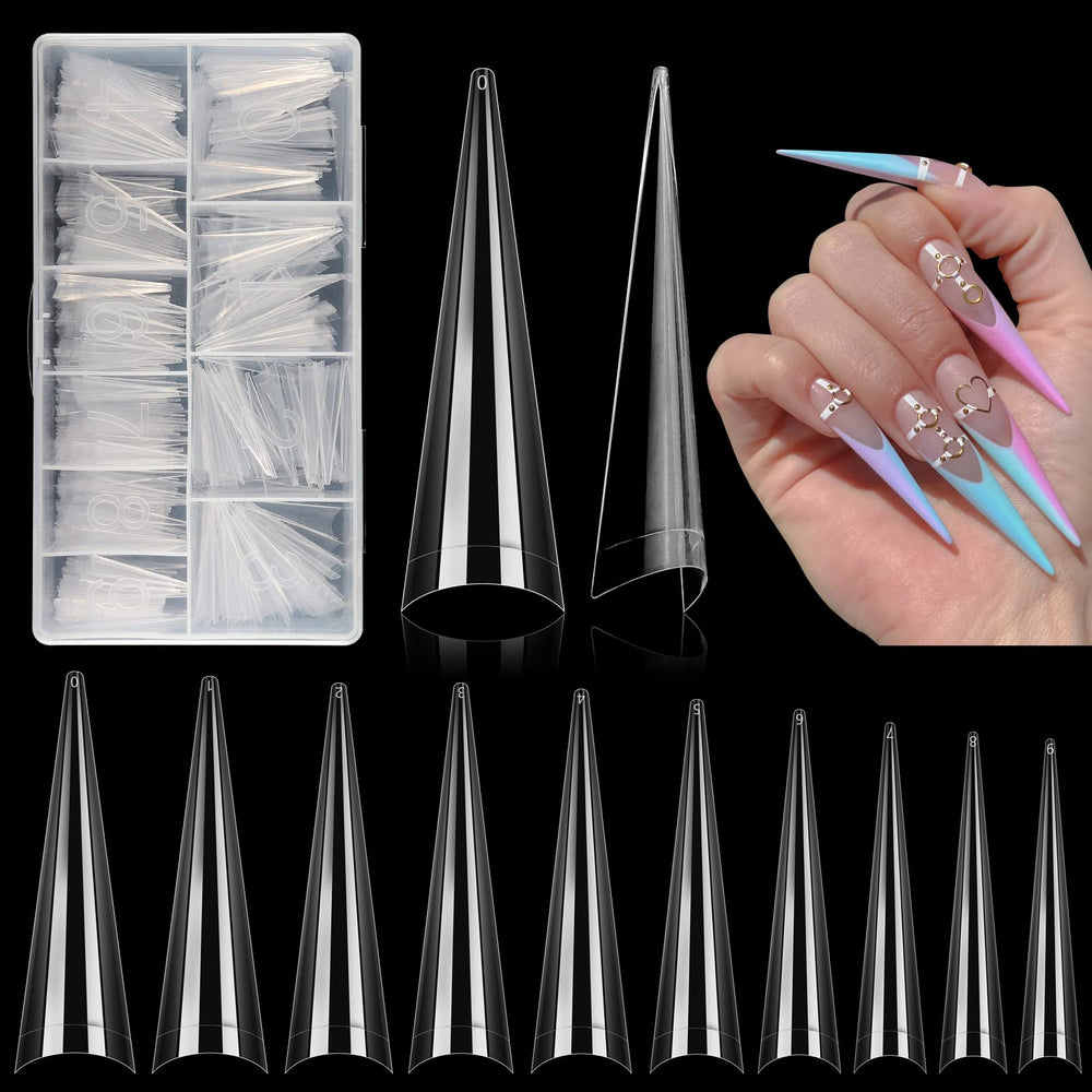 LIONVISON 500Pcs stiletto nail tips in XL long clear half-cover for durable extensions
