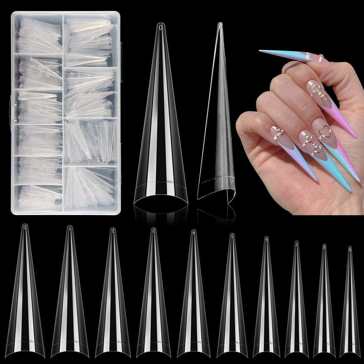 LIONVISON 500Pcs stiletto nail tips in XL long clear half-cover for durable extensions