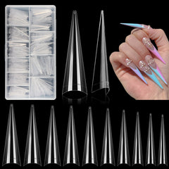 LIONVISON 500Pcs stiletto nail tips in XL long clear half-cover for durable extensions