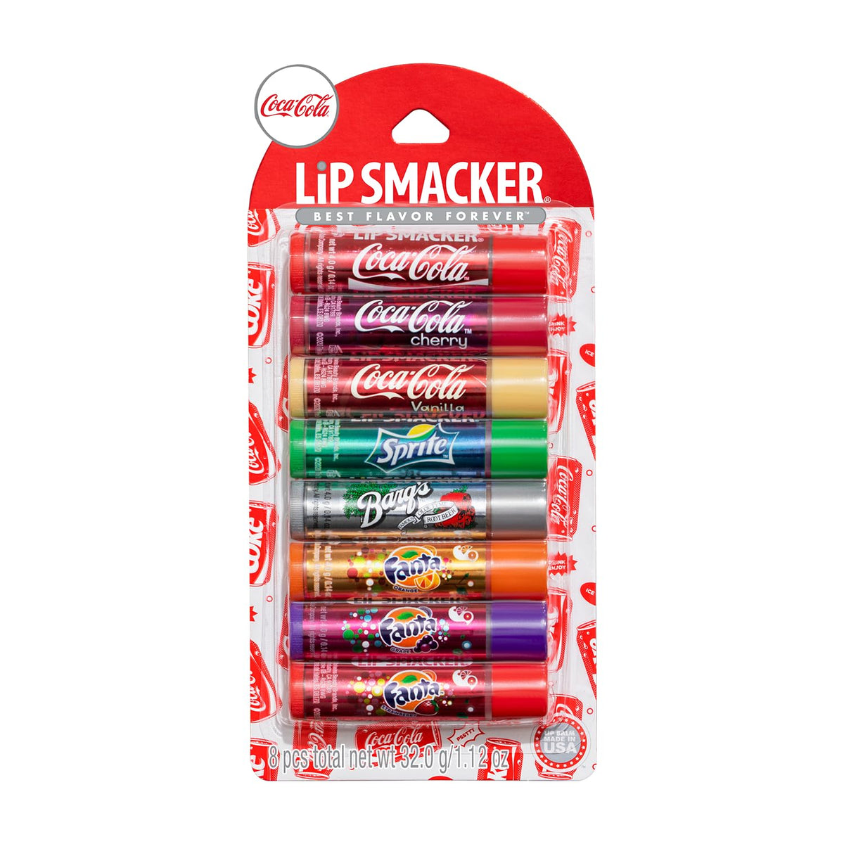Lip Smacker Coca-Cola balm pack with eight flavors for on-the-go moisture.