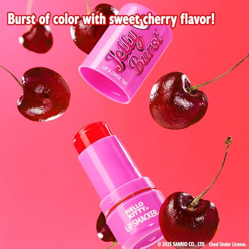 Swatches reveal buildable color and sweet cherry scent on Lip Smacker Hello Kitty So Jelly