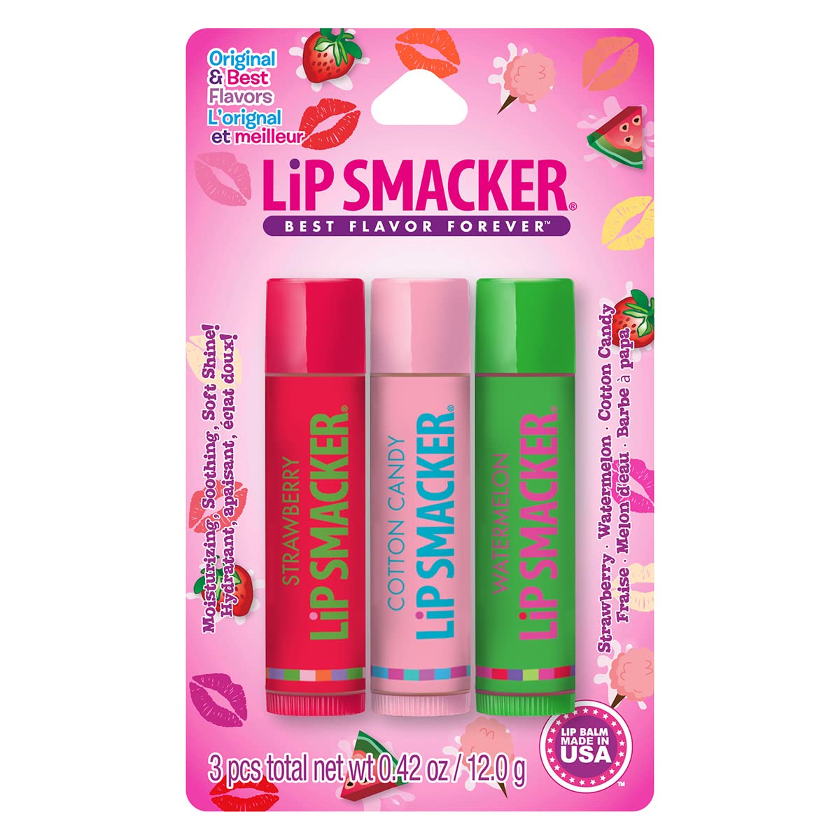 Lip Smacker strawberry lip balm trio tubes for on-the-go hydration.