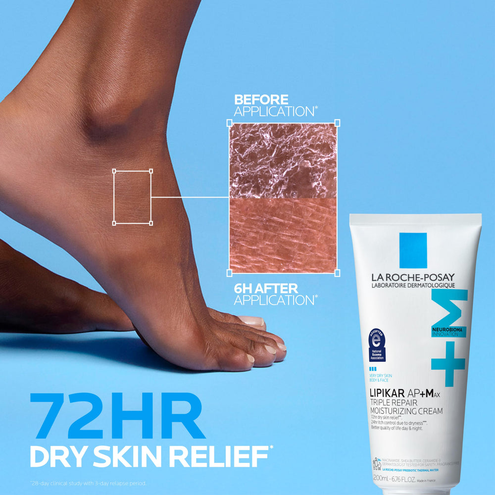 La Roche-Posay Lipikar AP+MAX barrier restoration with ceramides supports skin.