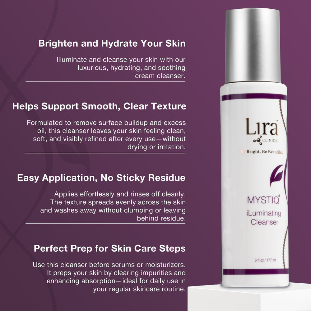 Lira Clinical MYSTIQ iLuminating Cleanser packaging label emphasizes Vitamin C