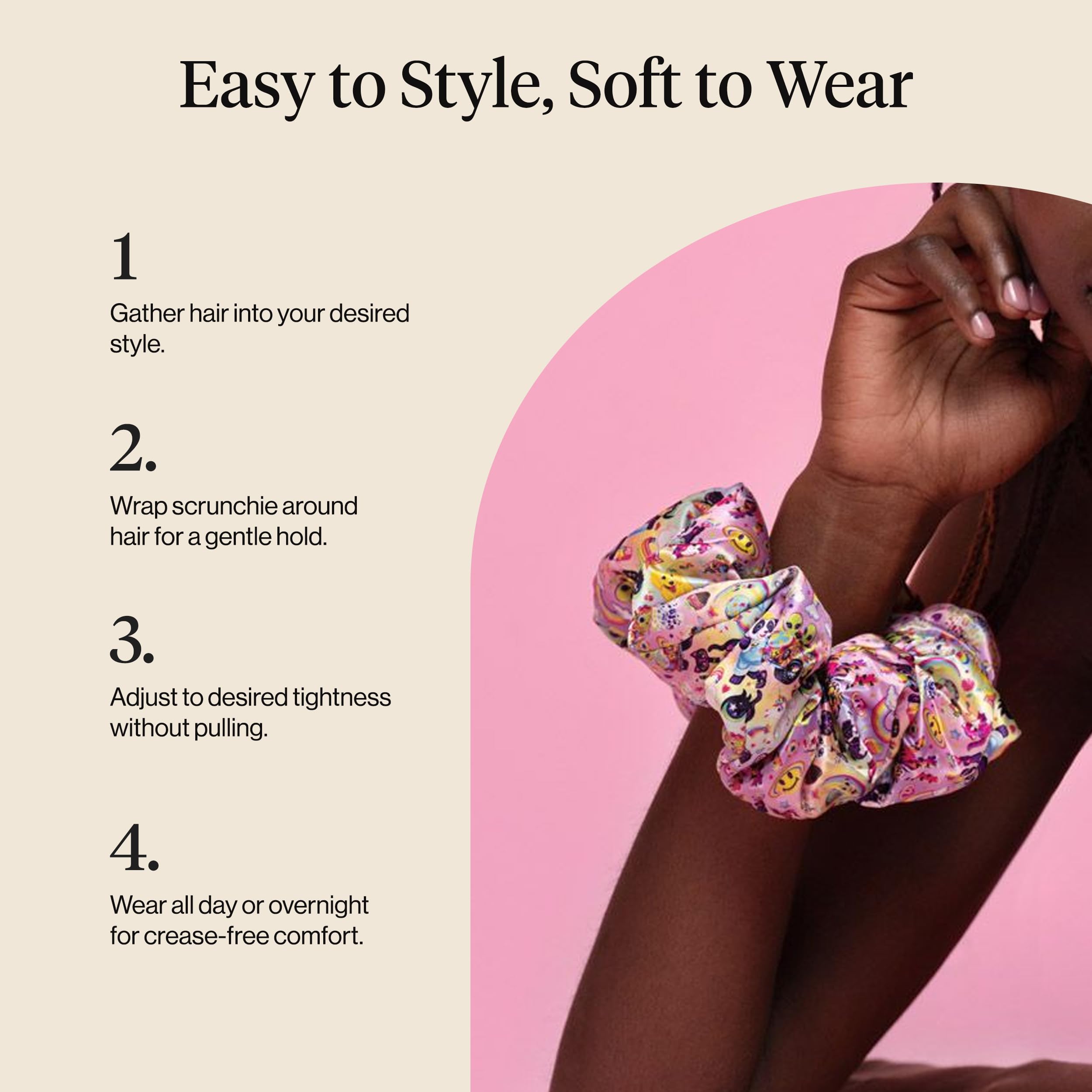 Regalo femenino con estilo: scrunchies satén Lisa Frank y Kitsch.
