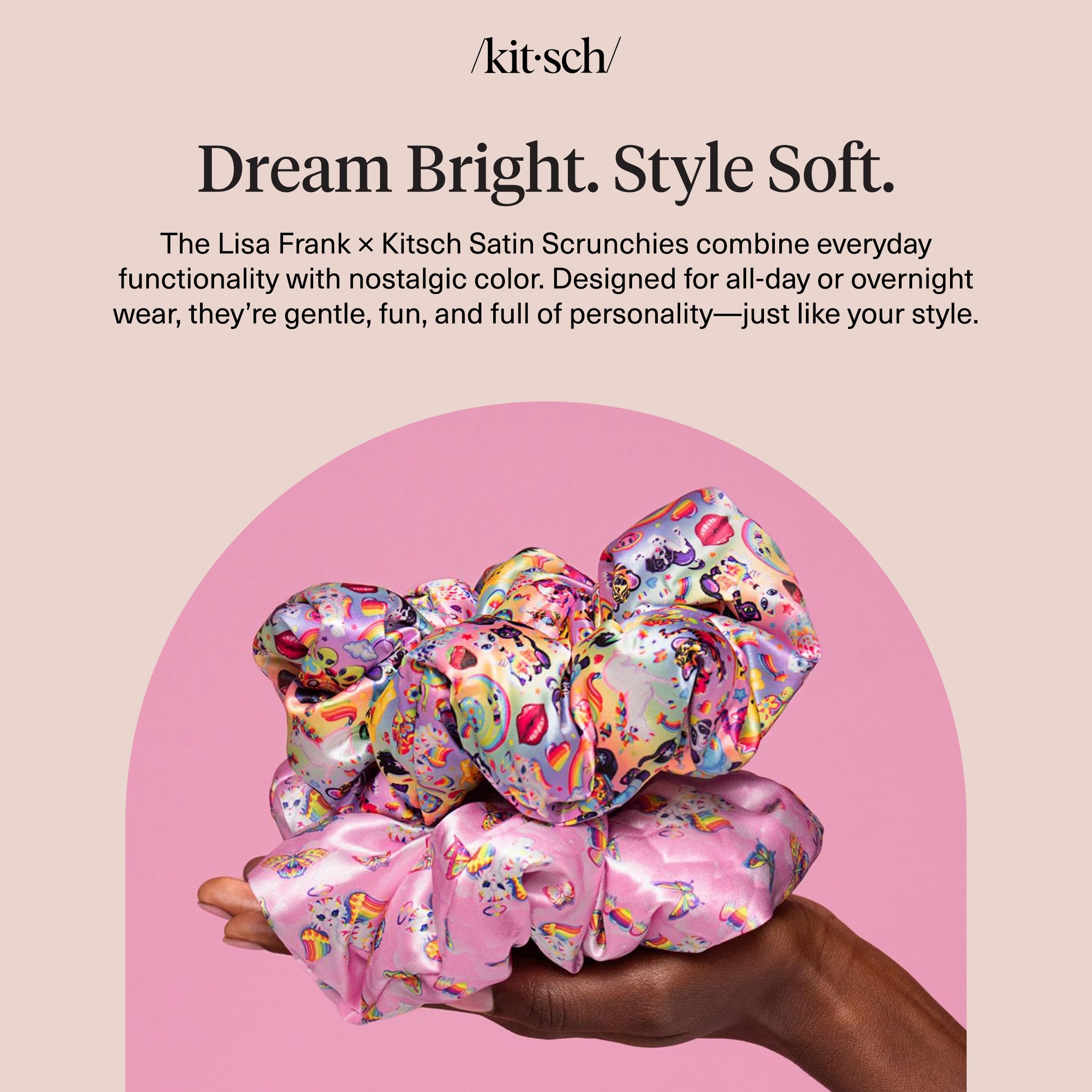 Colección limitada Lisa Frank x Kitsch, scrunchies satén para looks divertidos.