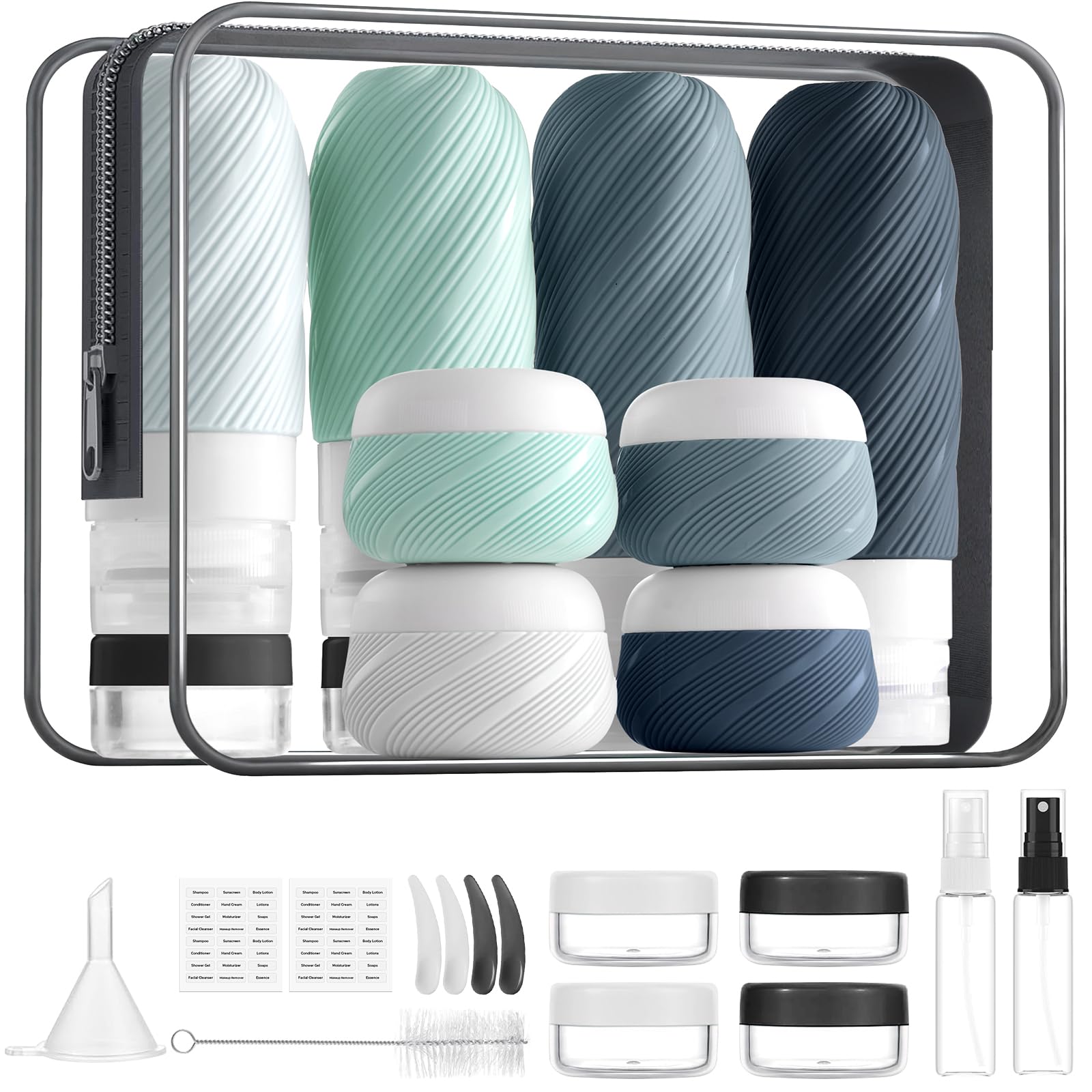LitBear 23-pack travel bottles kit visible in clear bag for organized trips