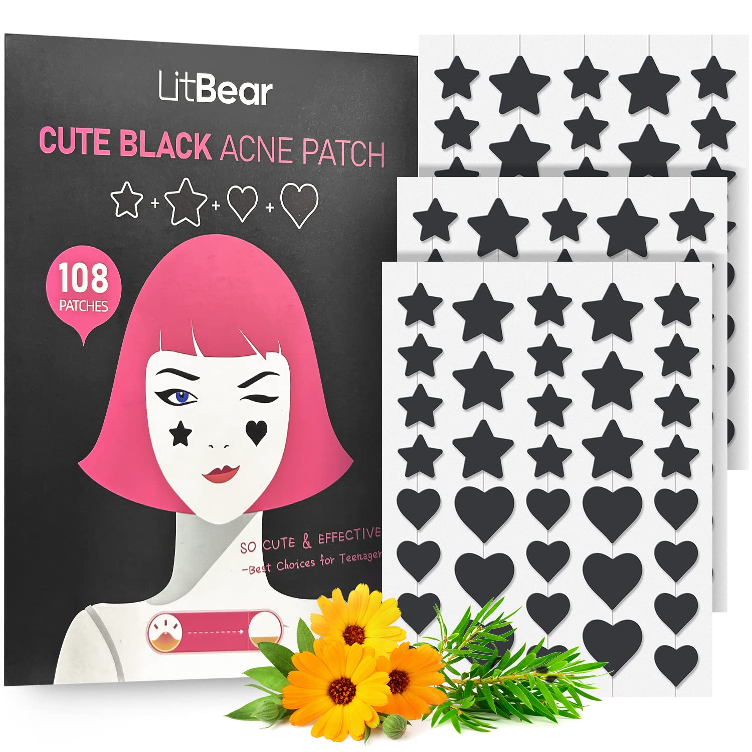 LitBear acne patch with black star design for overnight absorbent protection