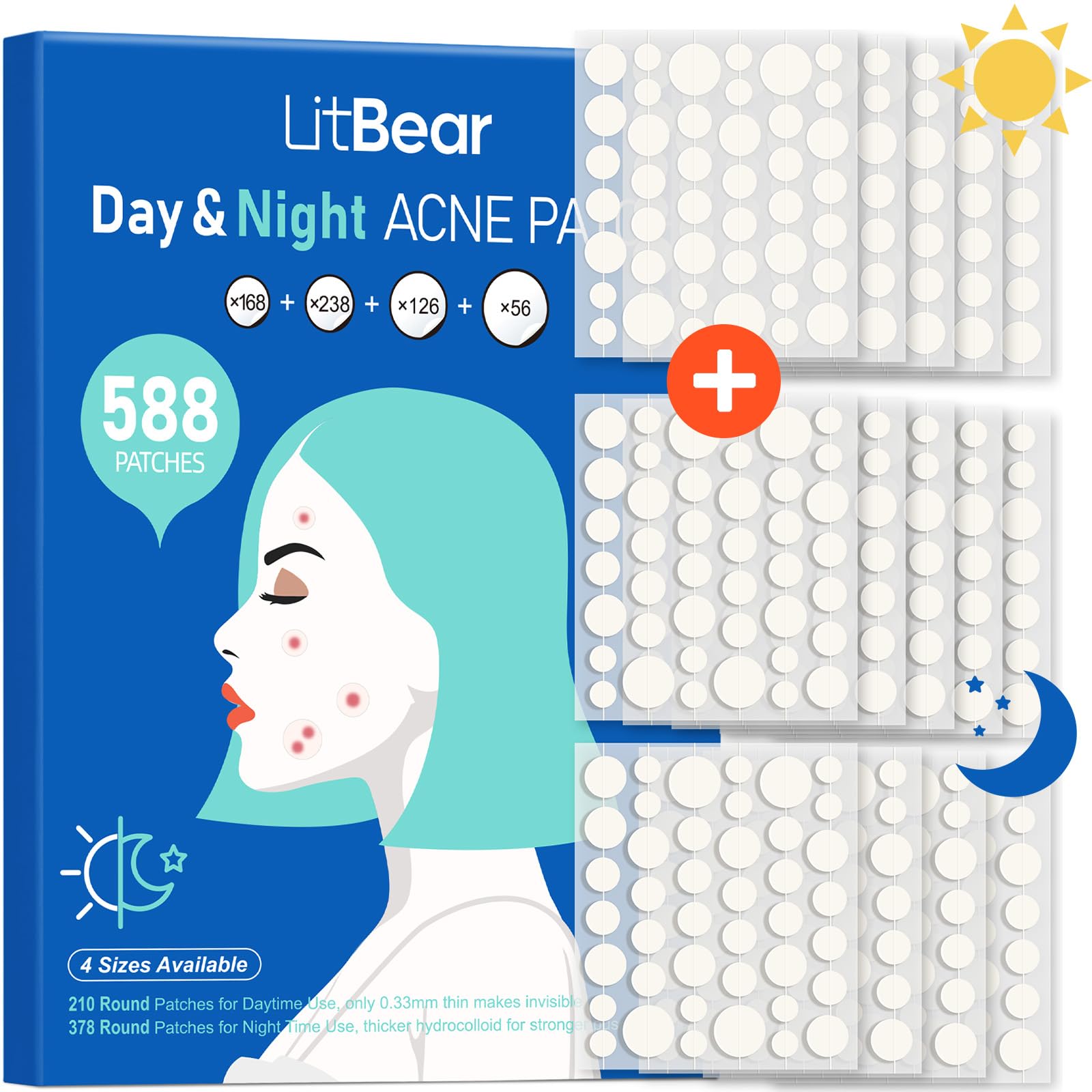 LitBear parches día-noche en caja, cuidado continuo para imperfecciones.