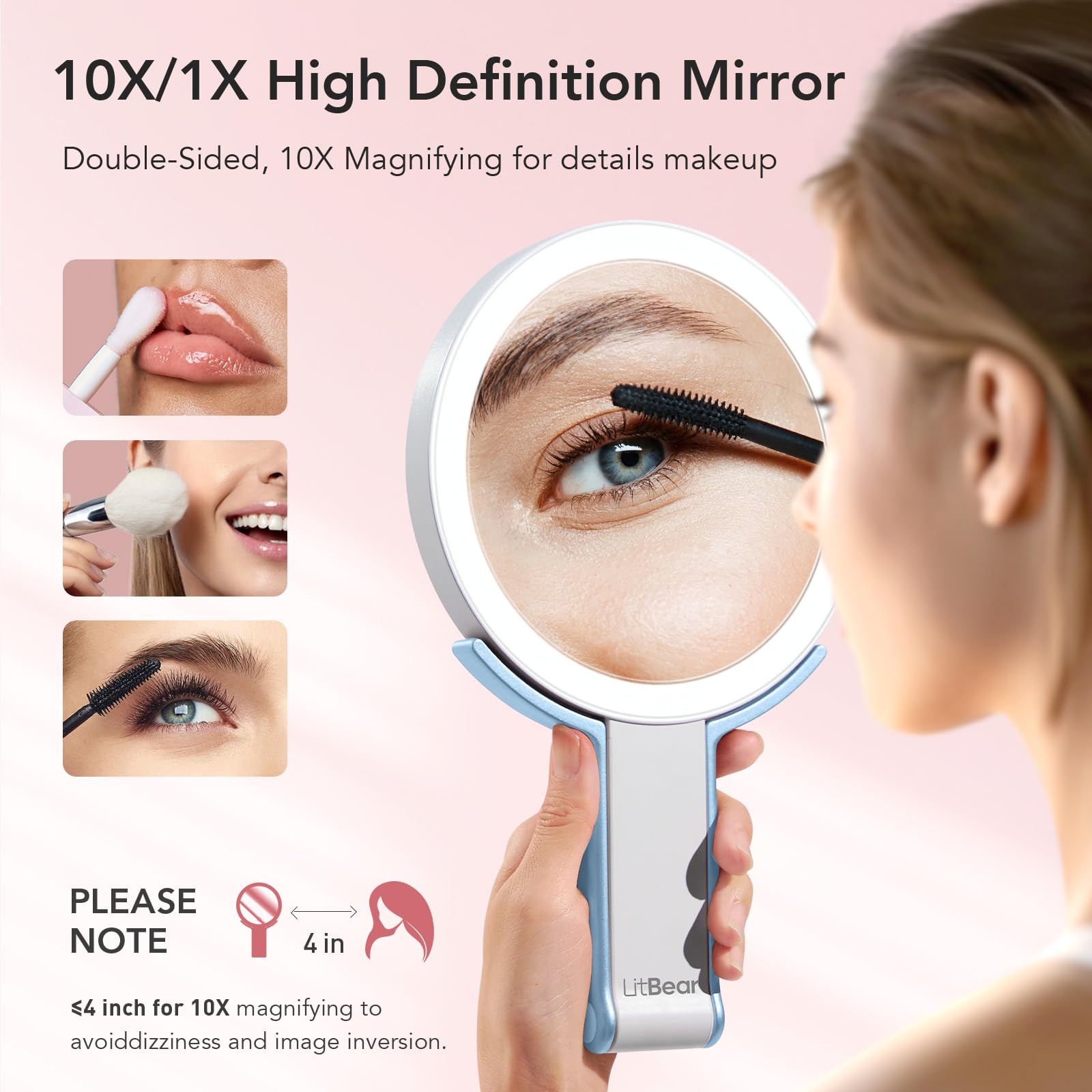 LitBear mirror with 3-color lighting for flattering true skin tones.