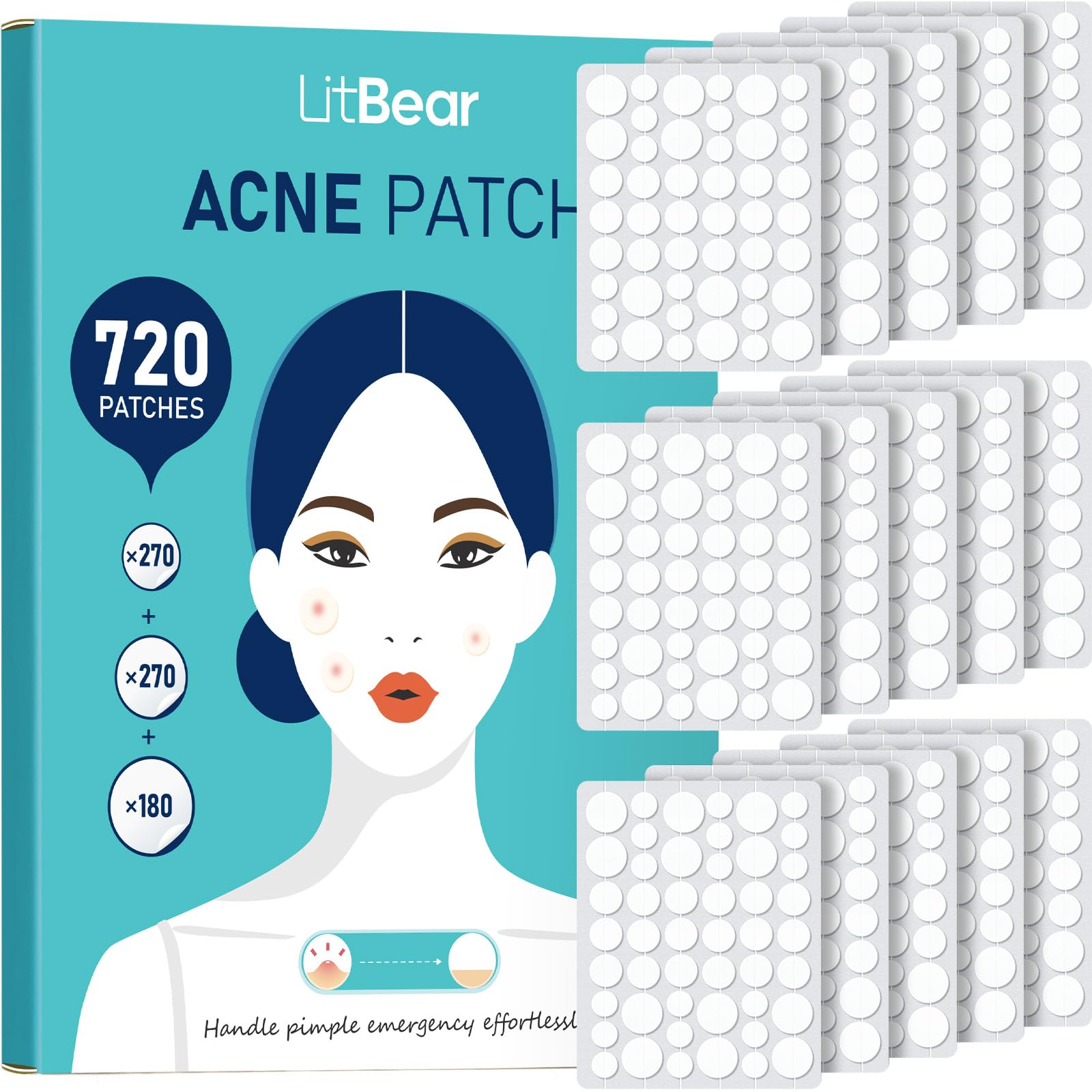 LitBear pack de 720 parches hidrocoloides para cubrir granos de forma continua.