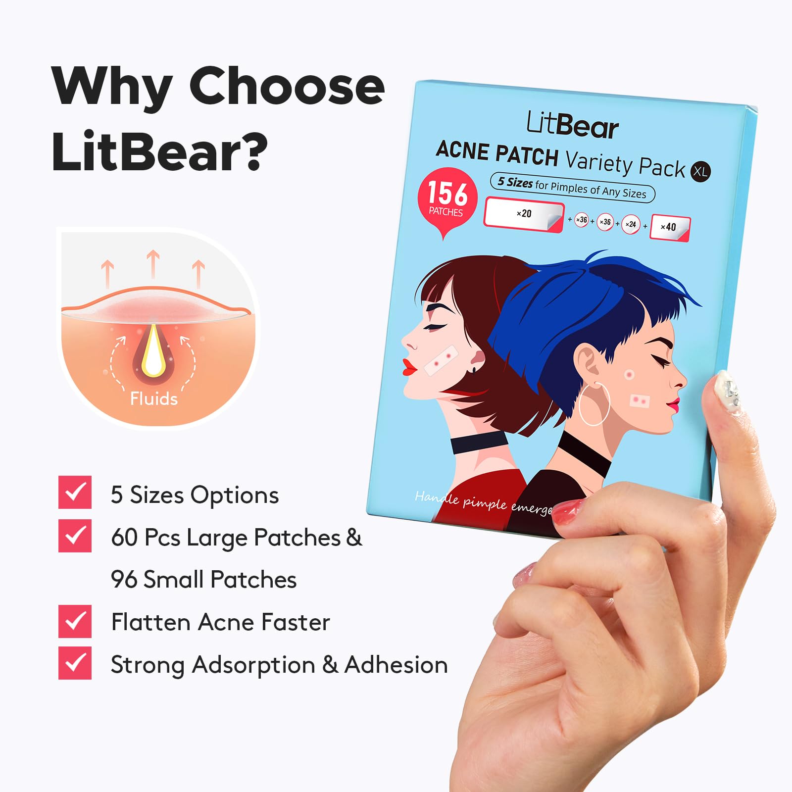 LitBear patch on forehead illustrates breathable hydrocolloid material.