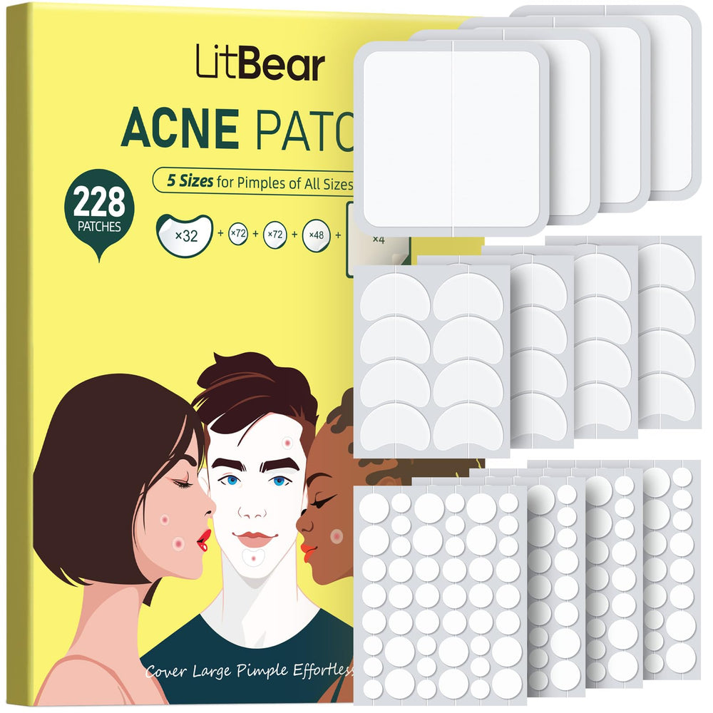 LitBear Pimple Patches pack front view showing 228 patches for versatile acne care