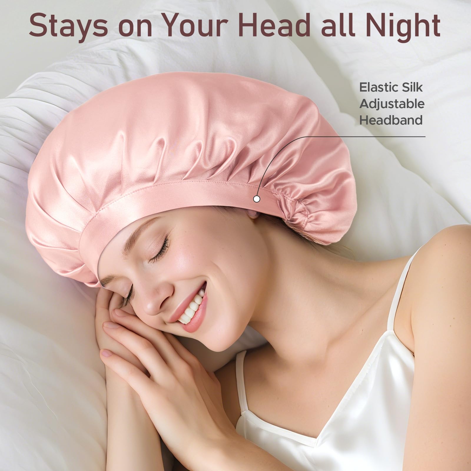 LitBear adjustable silk bonnet demonstrates secure, comfortable fit for all head sizes.