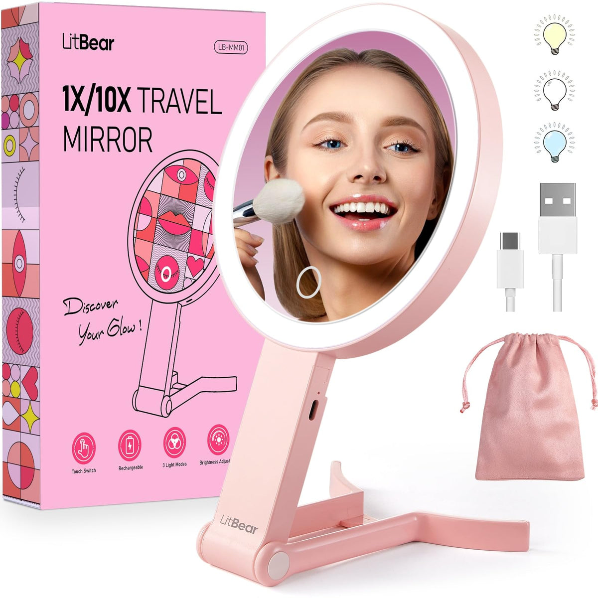 LitBear travel makeup mirror folded for compact storage and easy packing
