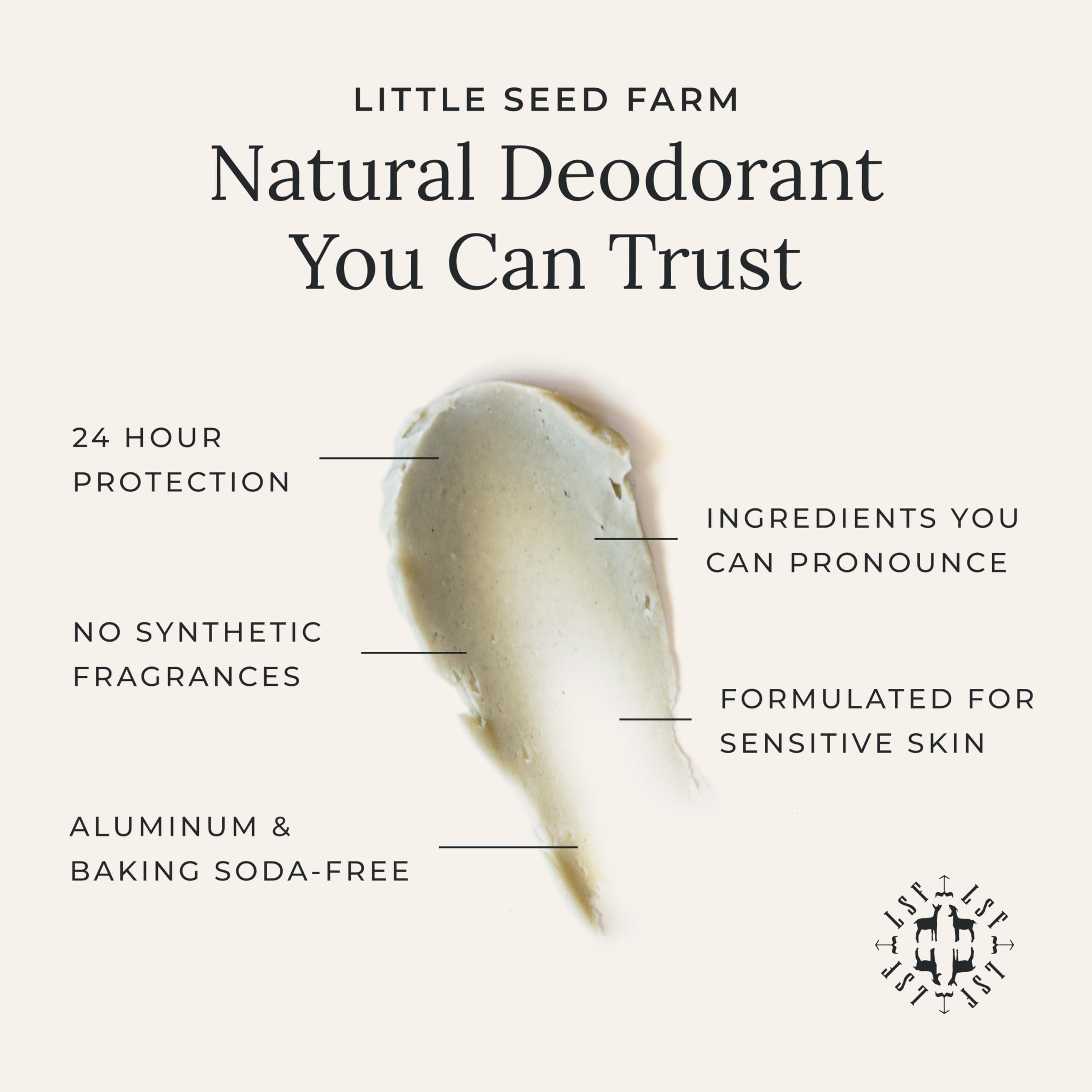Textura sedosa de la crema desodorante Little Seed Farm para aplicación suave.