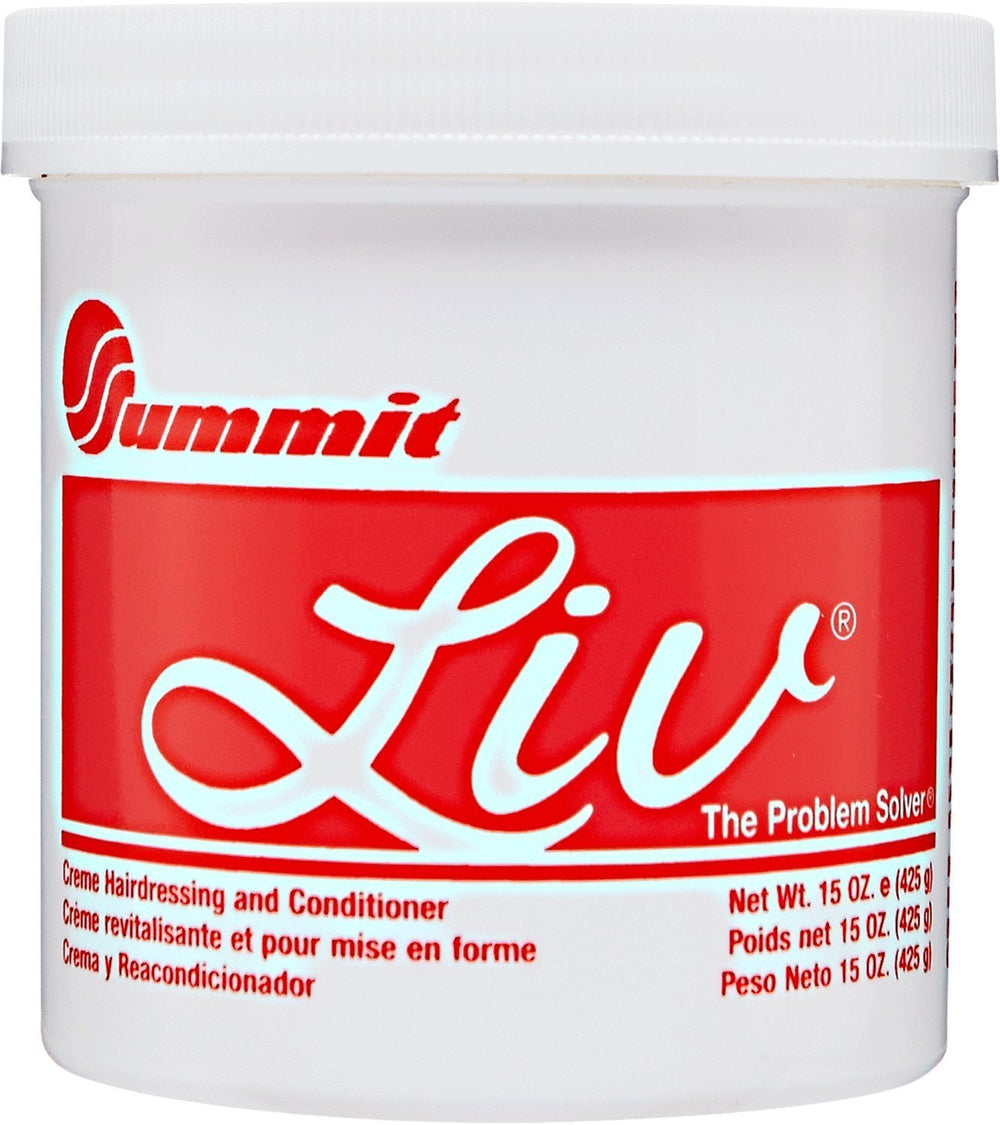 Liv Creme: botella vertiendo para un peinado suave y acondicionamiento.