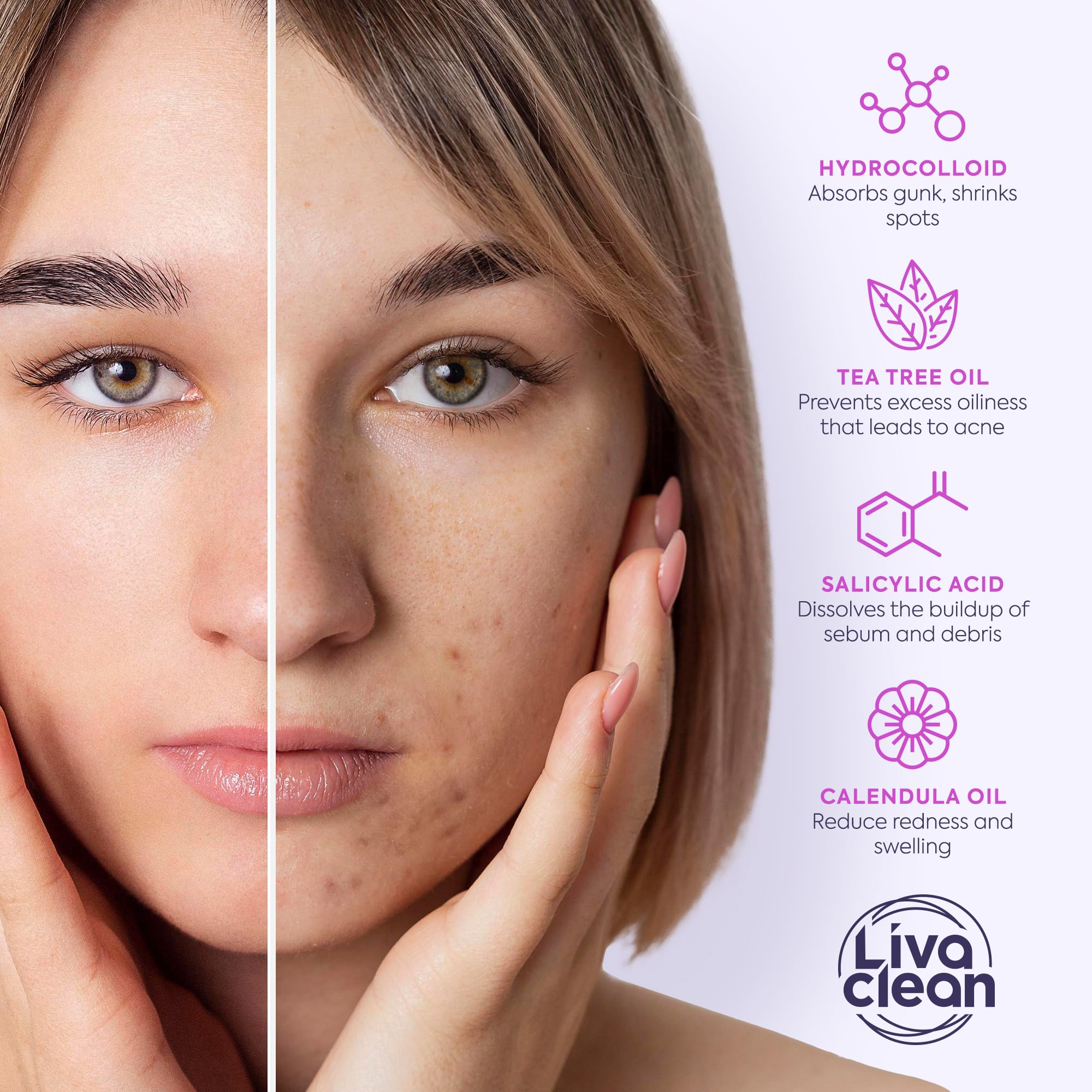 Aplicación suave de parches LivaClean tras lavado facial, adherencia confiable.