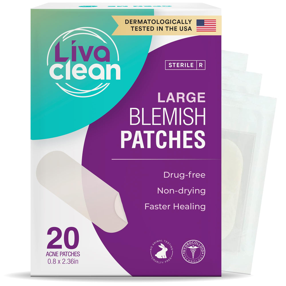 LivaClean large hydrocolloid patch packaging shown for travel-friendly protection.