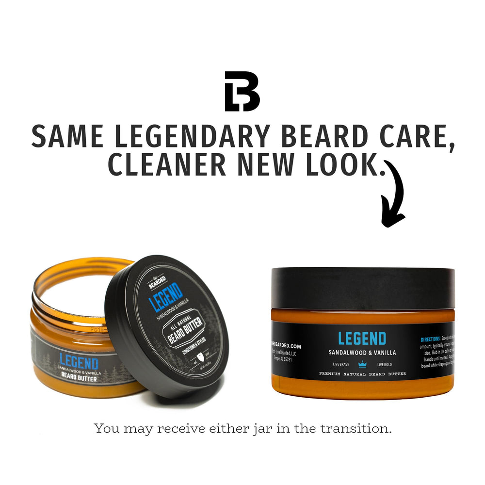 Live Bearded beard butter label shows Legend Scent packaging.