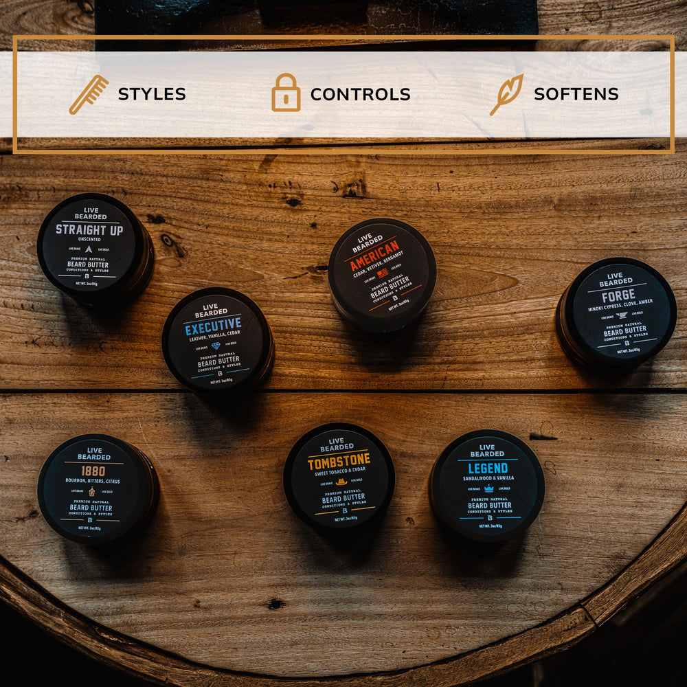 Live Bearded Beard Butter texture closeup, creamy formula nourishes beard hairs.