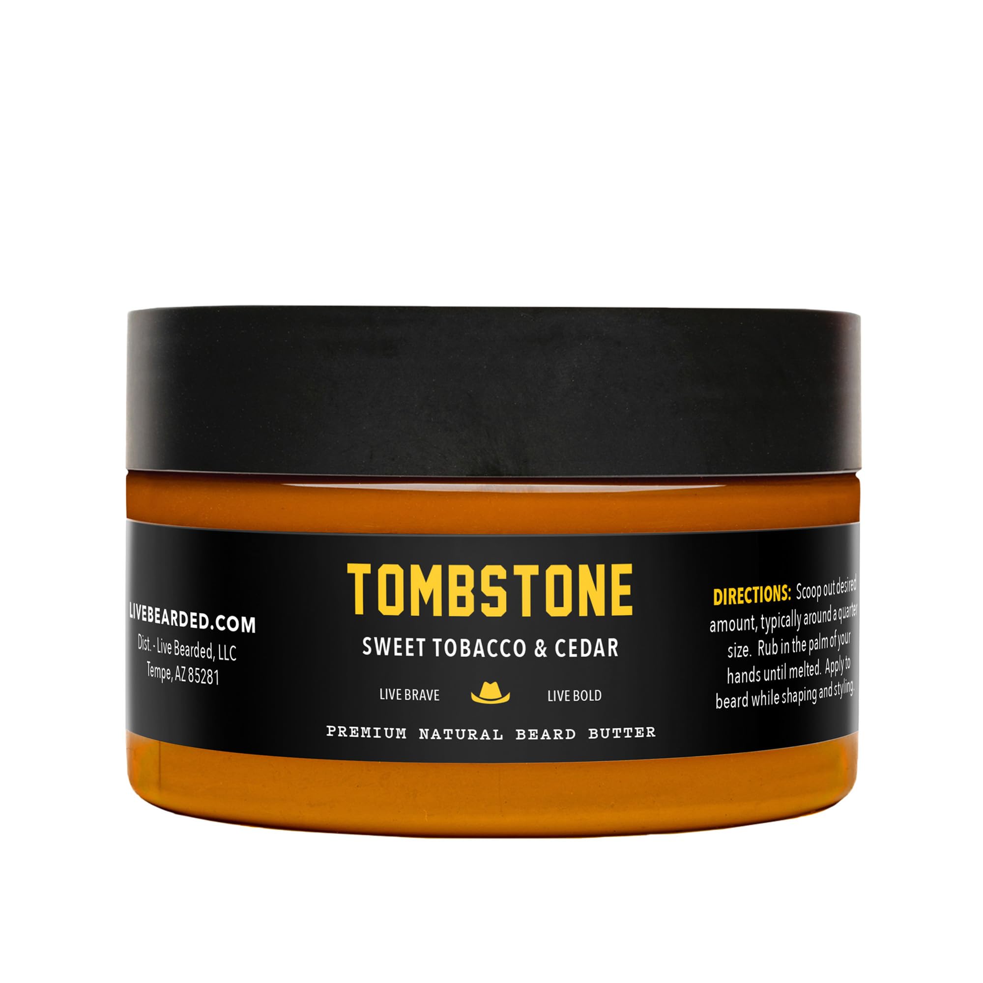 Live Bearded beard butter Tombstone scent front label highlighting natural formula