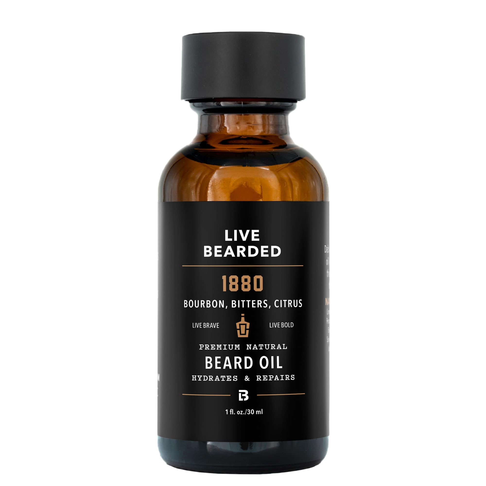Live Bearded 1880 Scent beard oil bottle on display, promoting hydrated skin and soft beard.