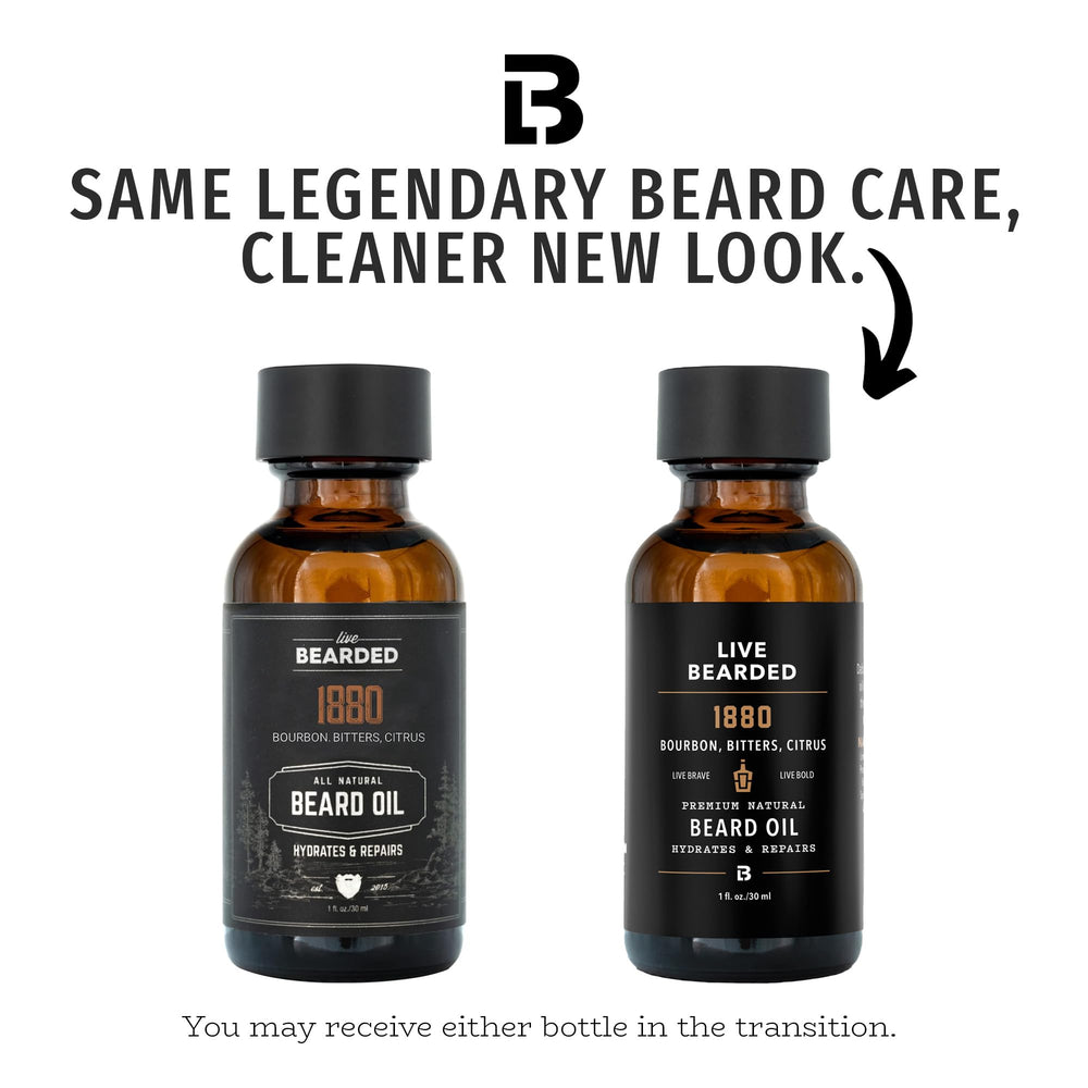 Close-up of oil texture on beard demonstrates nourishing shine forLive Bearded 1880 Scent.