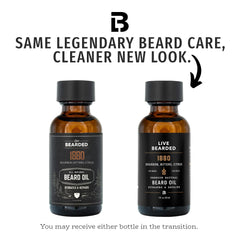 Close-up of oil texture on beard demonstrates nourishing shine forLive Bearded 1880 Scent.