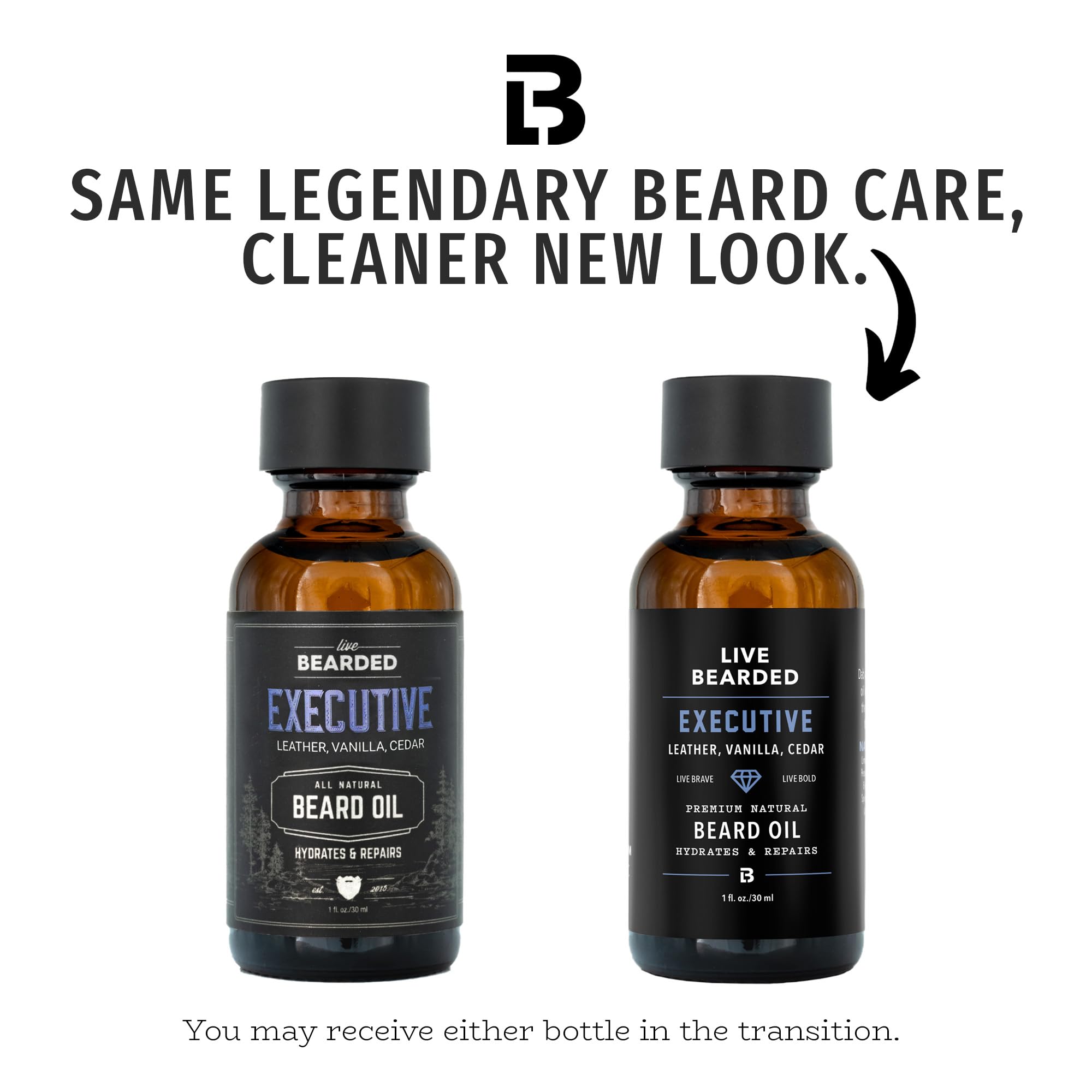 Live Bearded 1oz bottle with cedar-vanilla label for premium beard care.