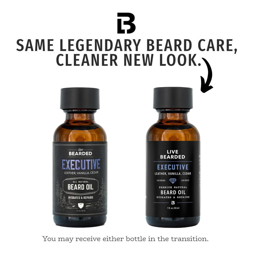 Live Bearded 1oz bottle with cedar-vanilla label for premium beard care.