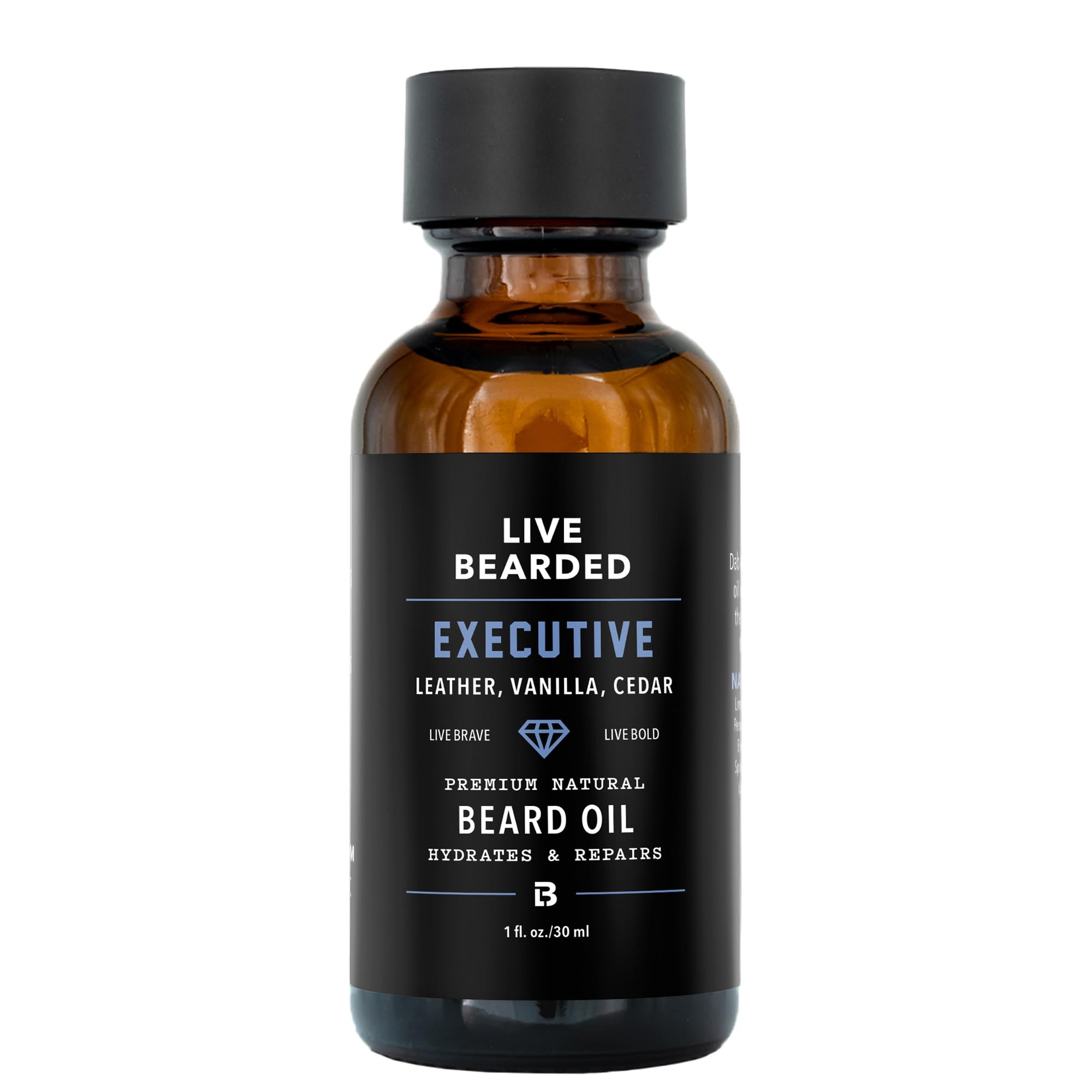 Live Bearded beard oil 1oz bottle with executive scent delivering hydration.