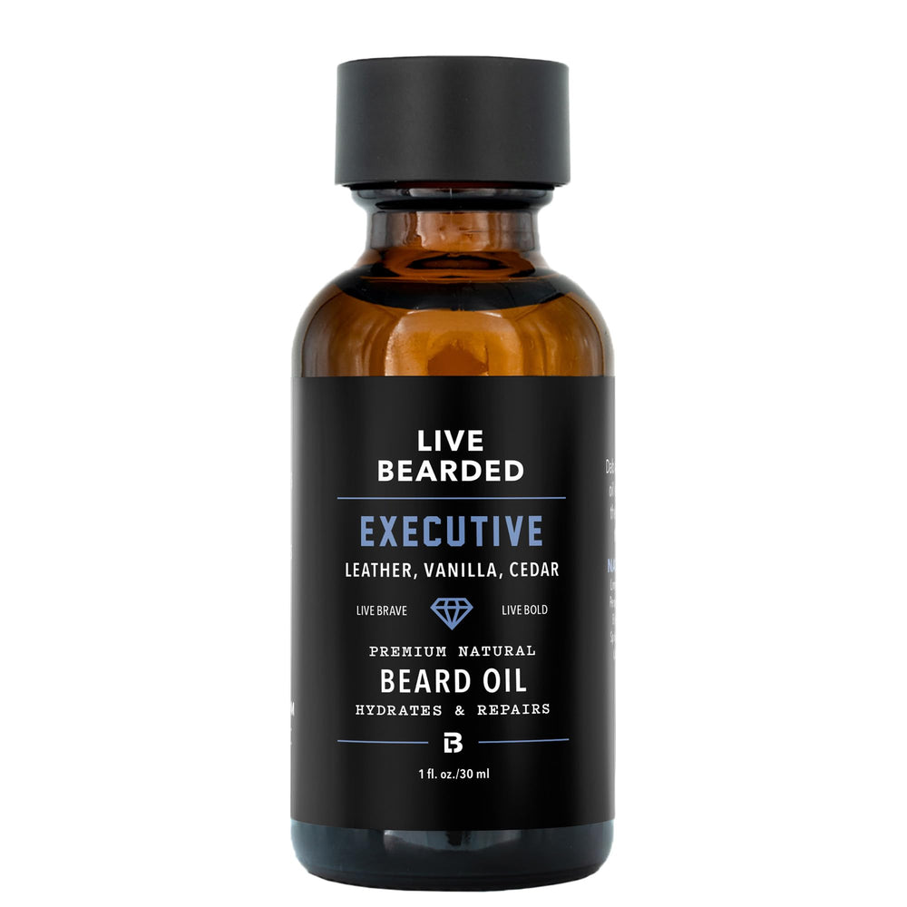 Live Bearded beard oil 1oz bottle with executive scent delivering hydration.