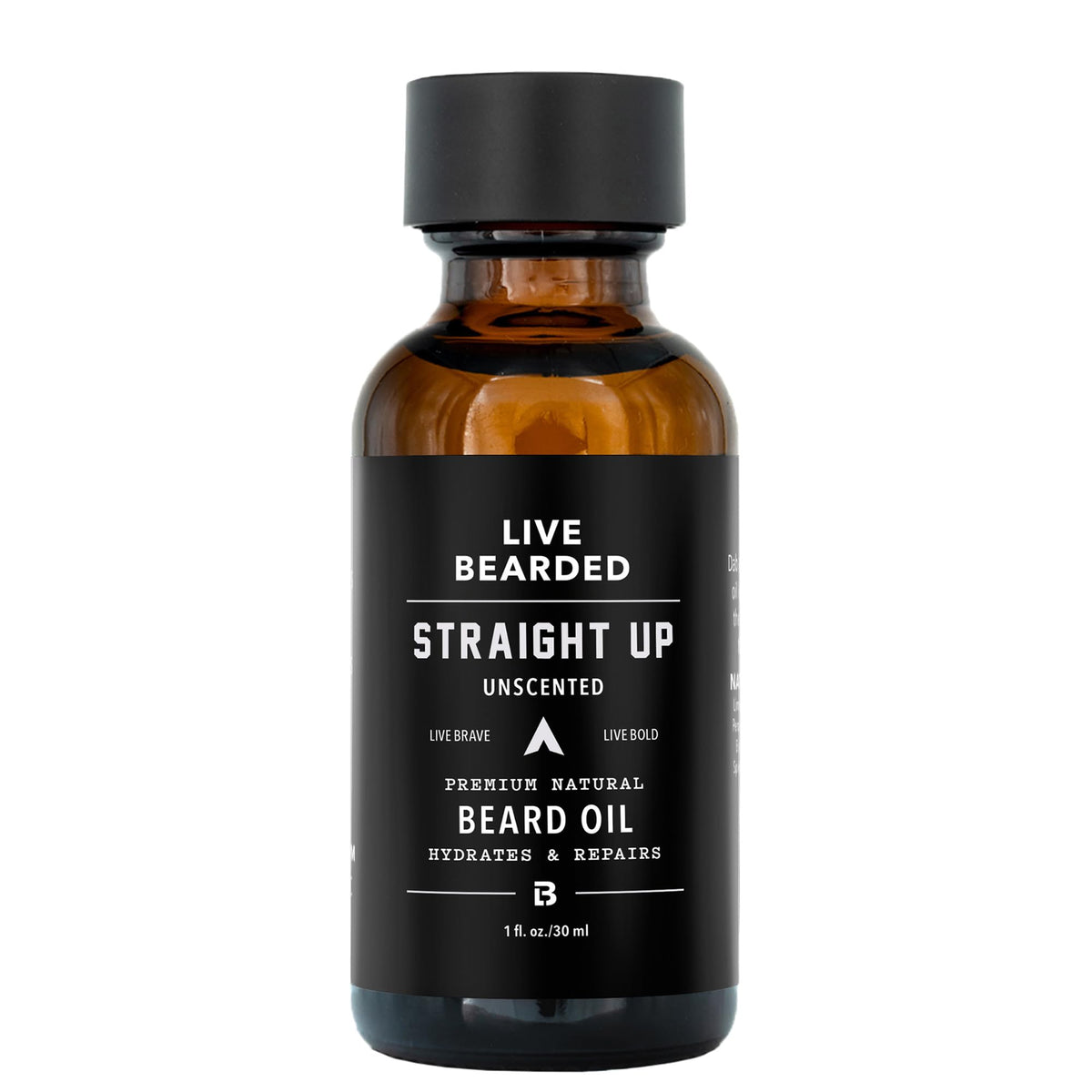 Live Bearded beard oil 1oz bottle highlighting natural hydration for skin and hair.