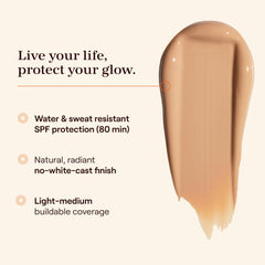 Live Tinted Hueguard Skin Tint no white cast finish on skin for natural radiance.