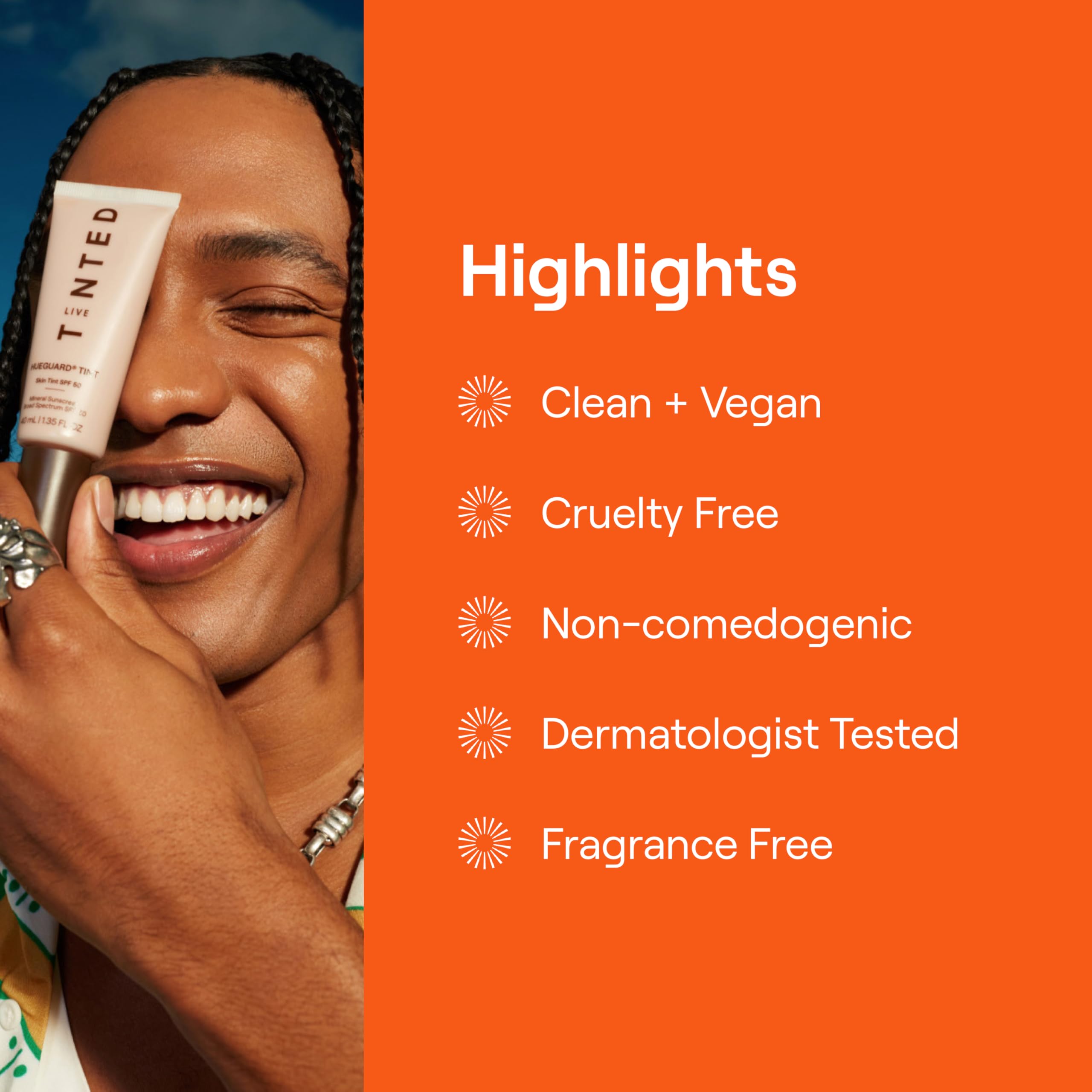 Packaging box of Hueguard Skin Tint highlighting clean beauty credentials.
