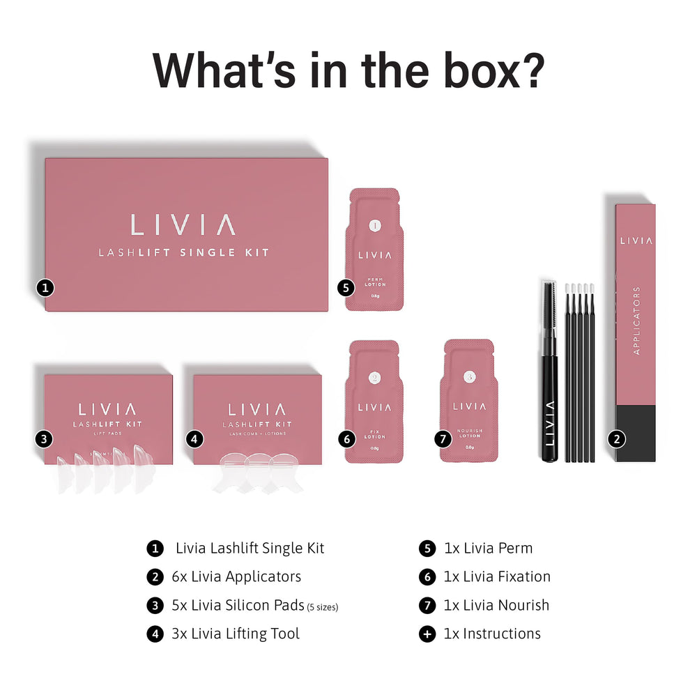LIVIA Lash Lift Kit aftercare image highlights post-treatment maintenance for lasting results