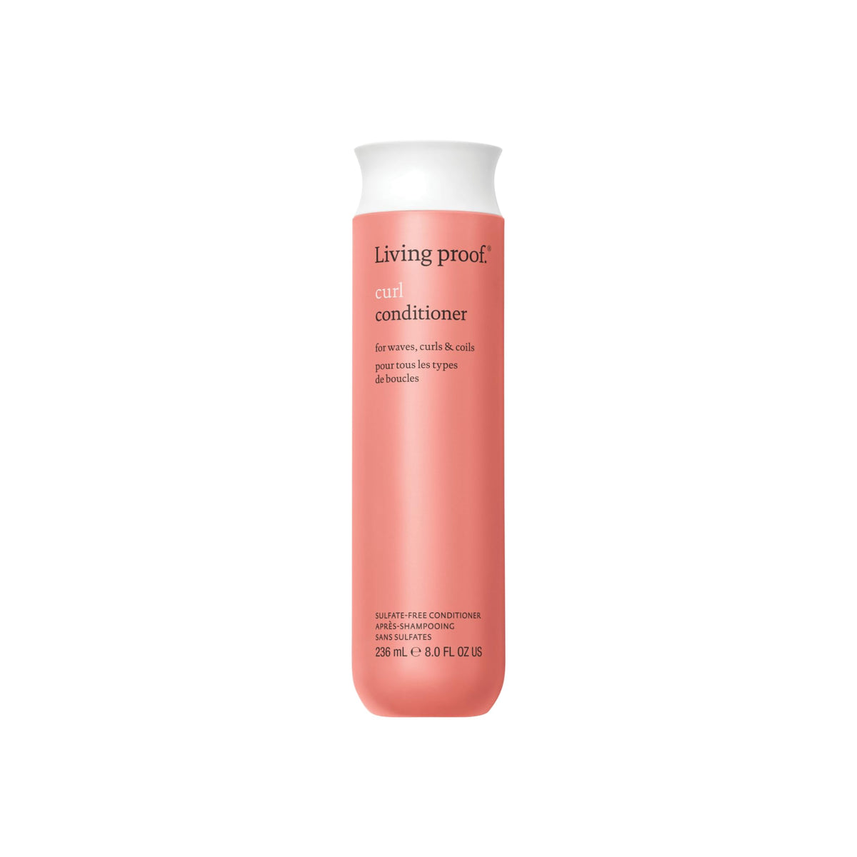 Living Proof Curl Conditioner bottle in shower promoting easy detangling and defined curls.